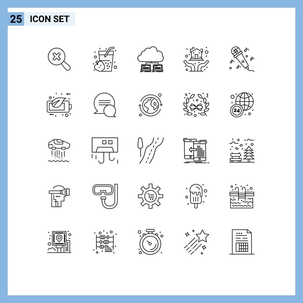 Universal Icon Symbols Group of 25 Modern Lines of microphone protection hands network house hand Editable Vector Design Elements