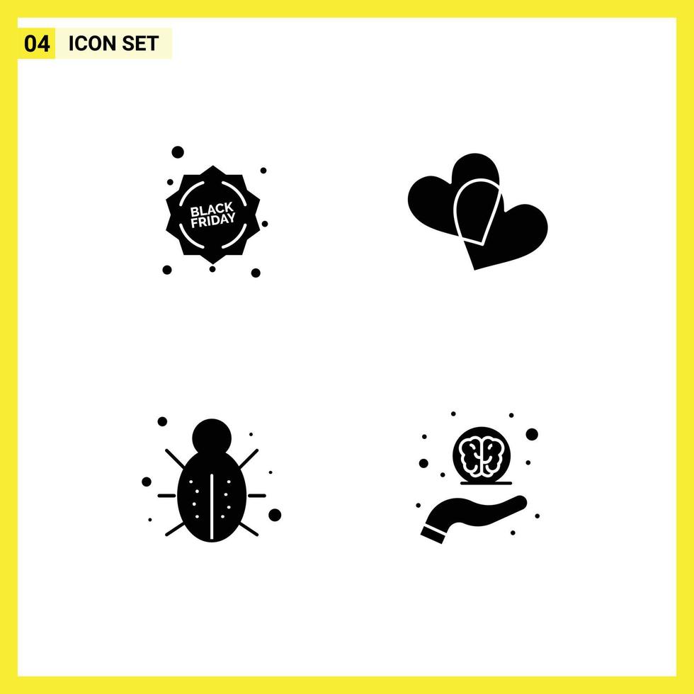 Mobile Interface Solid Glyph Set of 4 Pictograms of discount protection favorites bug hand Editable Vector Design Elements