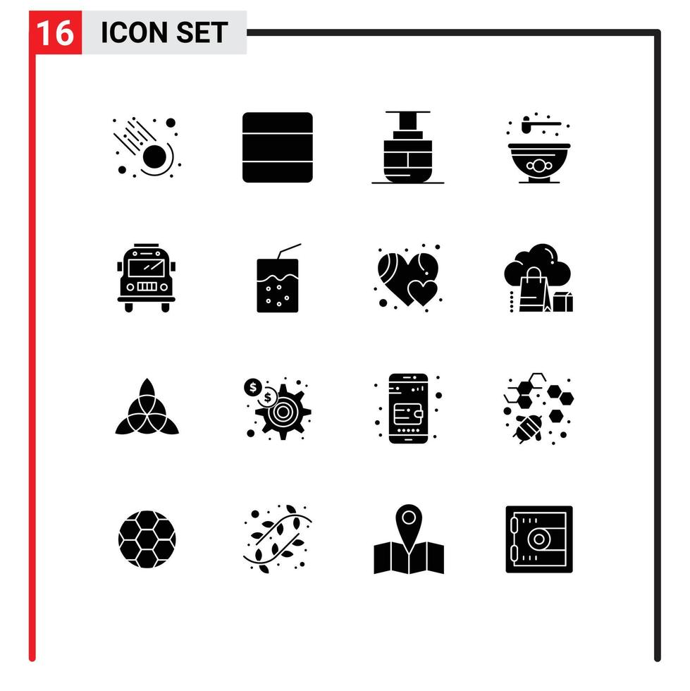 Universal Icon Symbols Group of 16 Modern Solid Glyphs of cocktail school transport bus bowl Editable Vector Design Elements