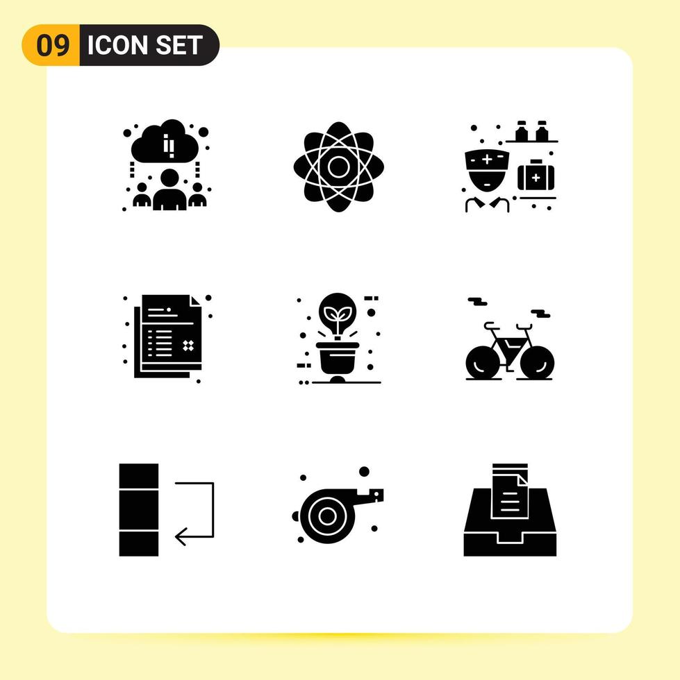 Modern Set of 9 Solid Glyphs and symbols such as eco bulb green medicine pencil document Editable Vector Design Elements