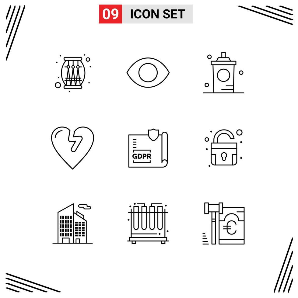 Universal Icon Symbols Group of 9 Modern Outlines of gdpr love coffee infarct shop Editable Vector Design Elements