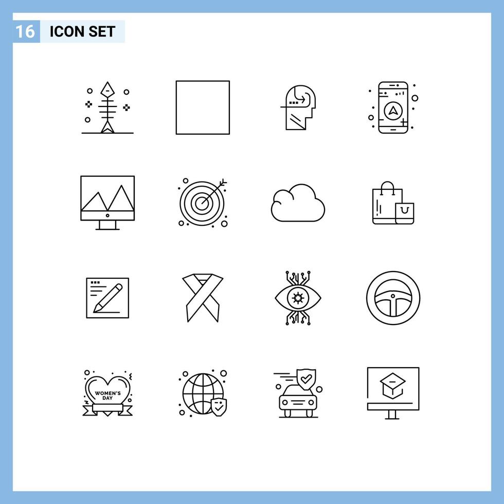 Group of 16 Modern Outlines Set for display navigation stop map head Editable Vector Design Elements