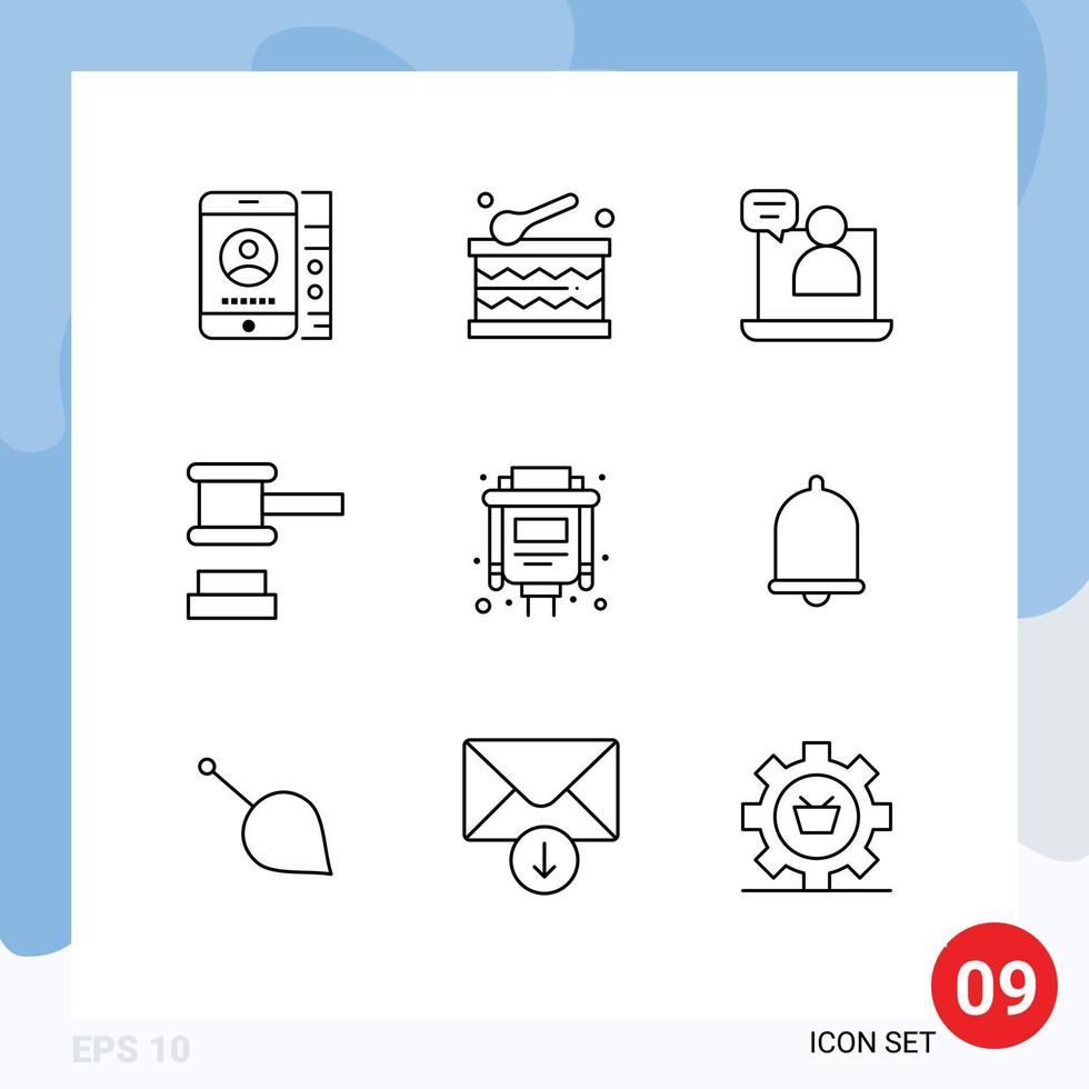 Group of 9 Modern Outlines Set for vga cable chat tools hammer Editable Vector Design Elements