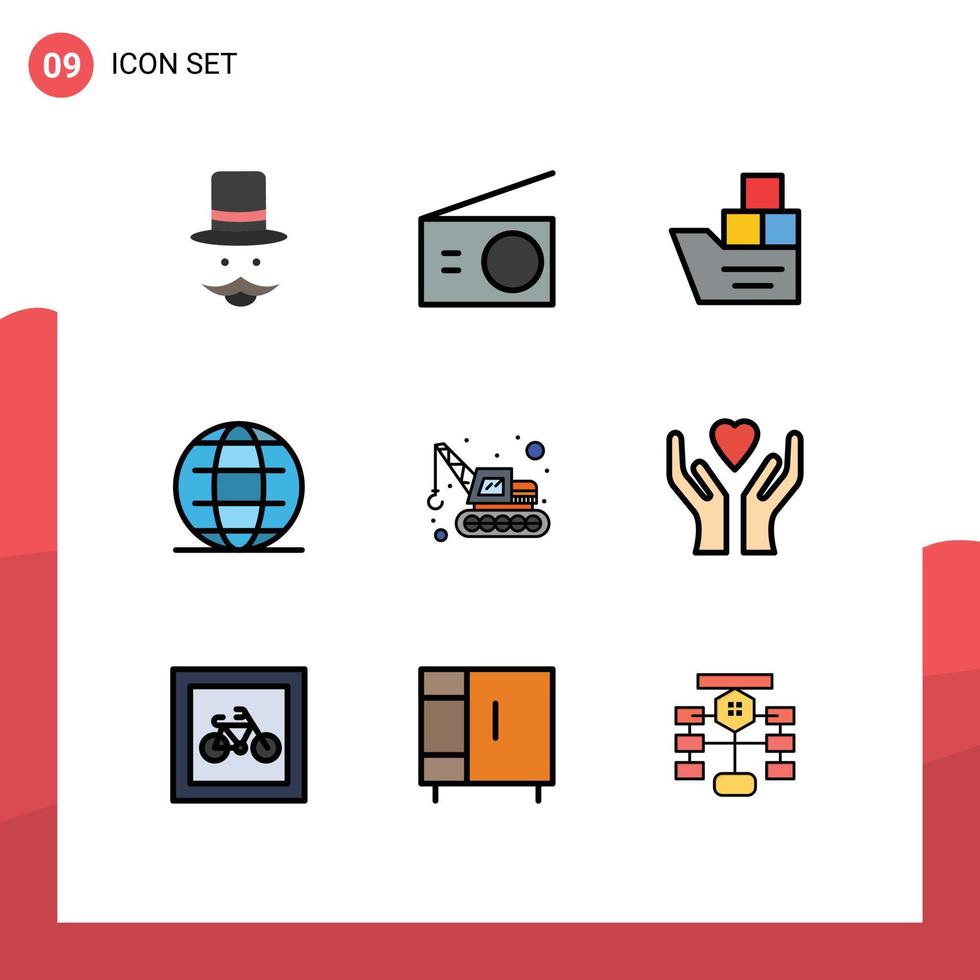 Modern Set of 9 Filledline Flat Colors Pictograph of world internet radio globe transportation Editable Vector Design Elements