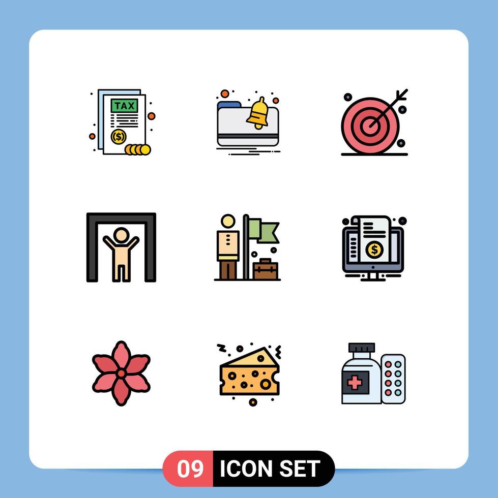 Pack of 9 Modern Filledline Flat Colors Signs and Symbols for Web Print Media such as businessman accomplished bulls security human scanner Editable Vector Design Elements
