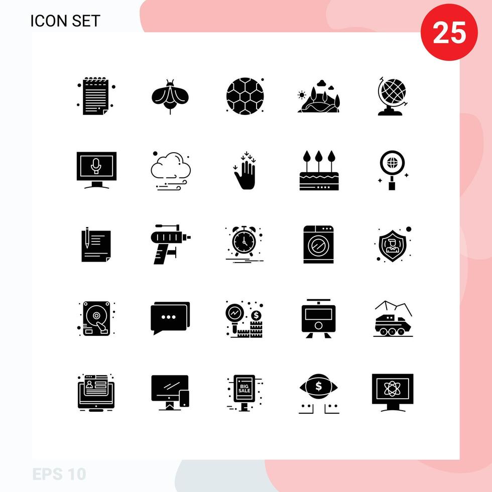 Pictogram Set of 25 Simple Solid Glyphs of monitor geography football earth mountain Editable Vector Design Elements