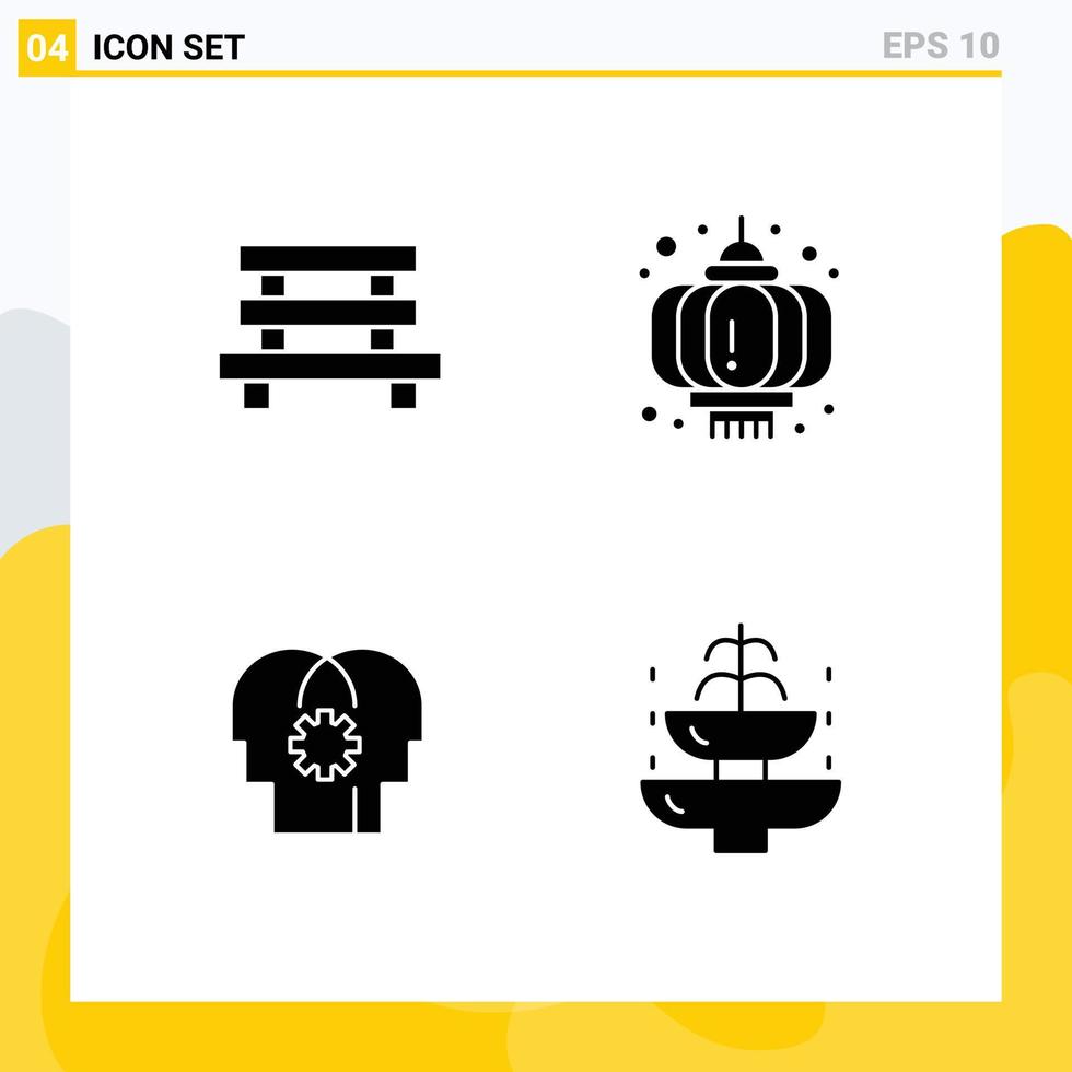 Editable Vector Line Pack of 4 Simple Solid Glyphs of bench brain garden lantern mind Editable Vector Design Elements