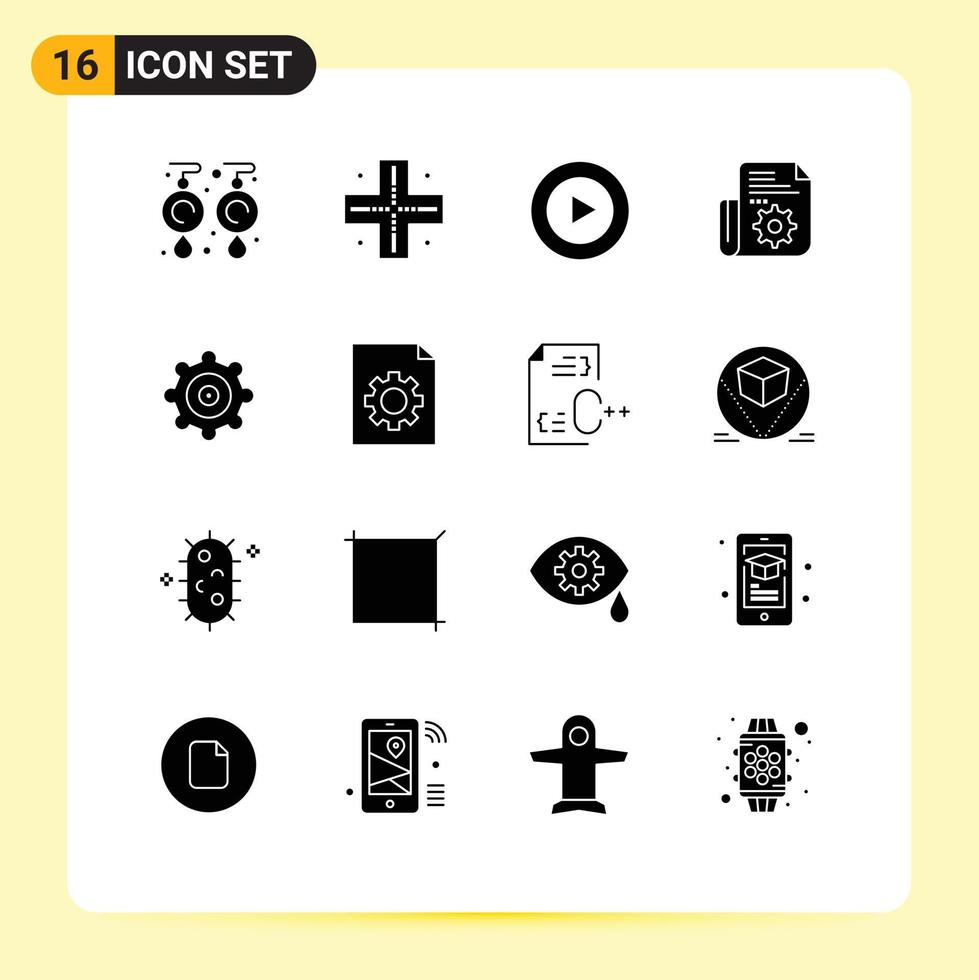 16 Creative Icons Modern Signs and Symbols of document gear play setting setting Editable Vector Design Elements