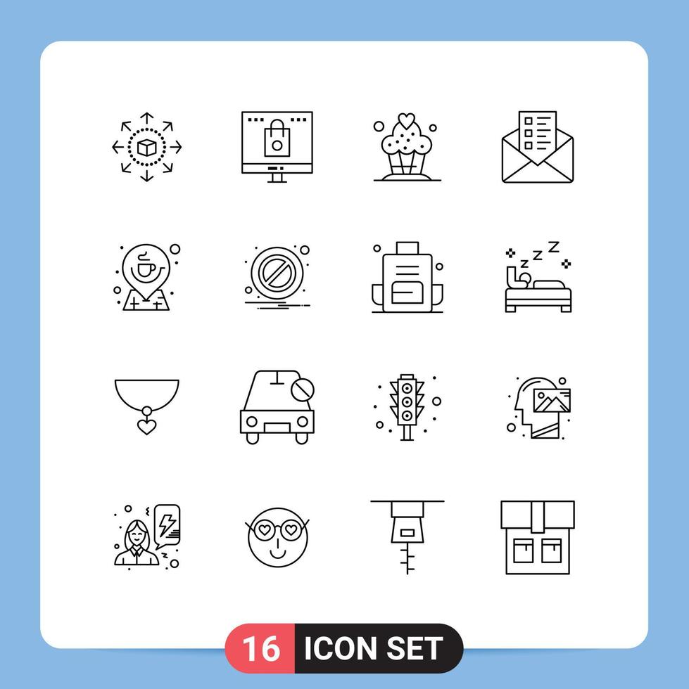 universal icono símbolos grupo de dieciséis moderno contornos de dirección café compras charla negocio editable vector diseño elementos