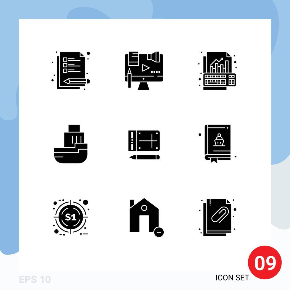 Set of 9 Commercial Solid Glyphs pack for transfer ship analysis logistic keyboard Editable Vector Design Elements