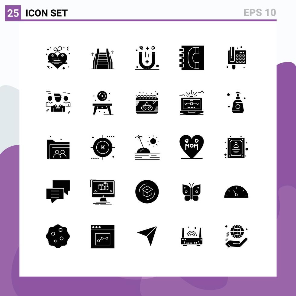 Pictogram Set of 25 Simple Solid Glyphs of contact contacts magnet contact us book Editable Vector Design Elements