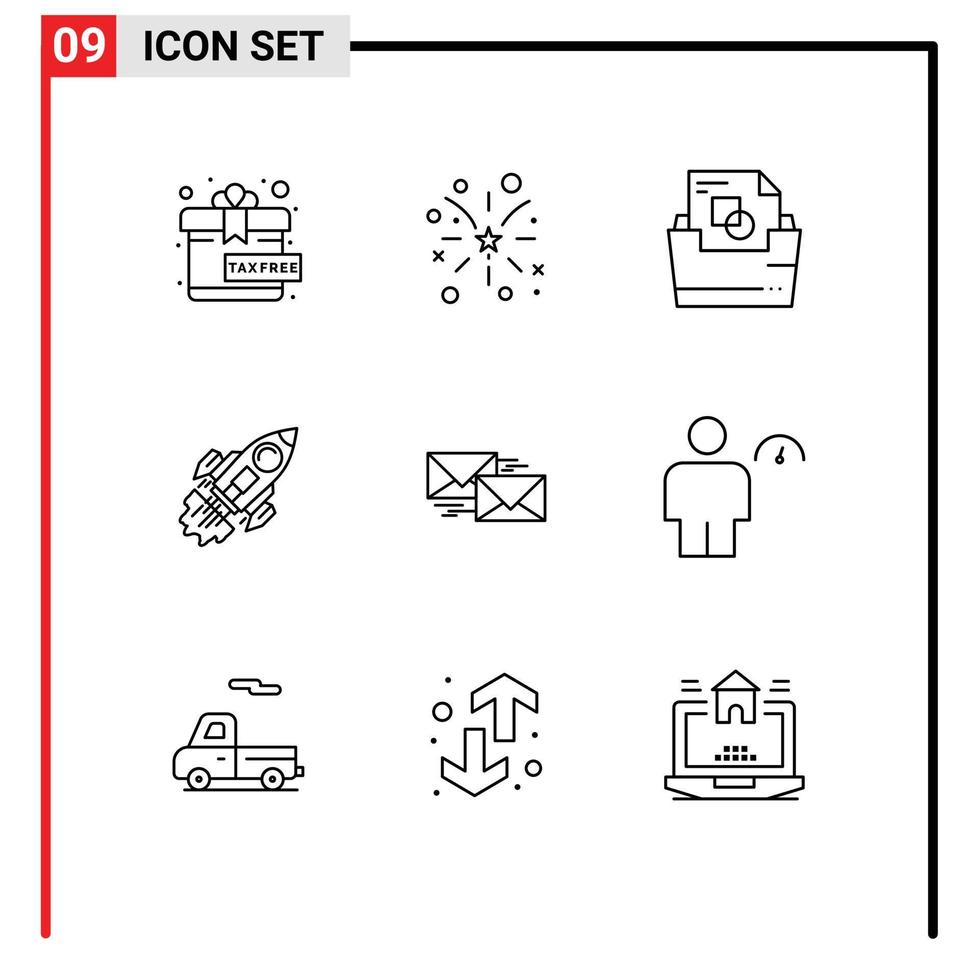 Set of 9 Modern UI Icons Symbols Signs for mail mission document folder launch business Editable Vector Design Elements