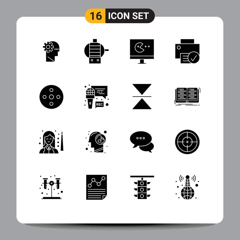 Solid Glyph Pack of 16 Universal Symbols of storage footage video camera reel gadget Editable Vector Design Elements