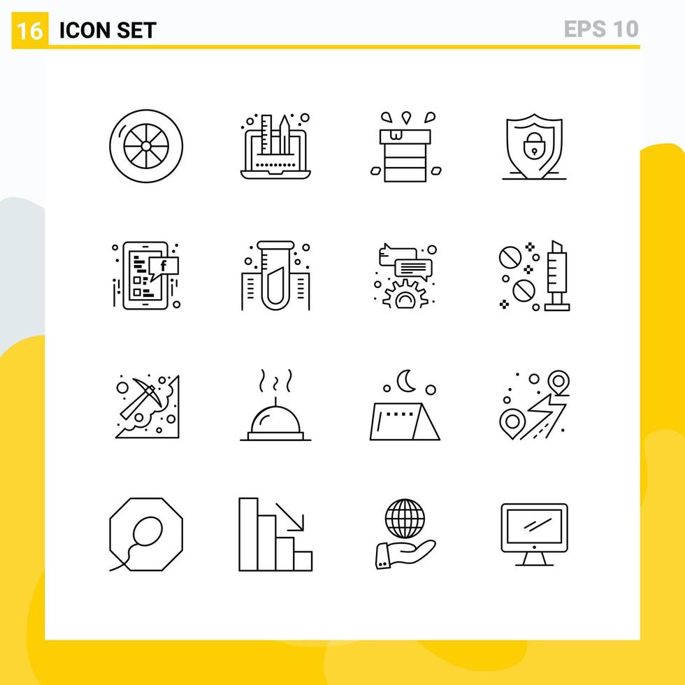 Editable Vector Line Pack of 16 Simple Outlines of social media facebook miscellaneous security shield Editable Vector Design Elements