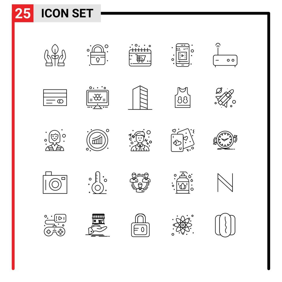 25 Universal Lines Set for Web and Mobile Applications router hub trolley mobile video mobile app Editable Vector Design Elements