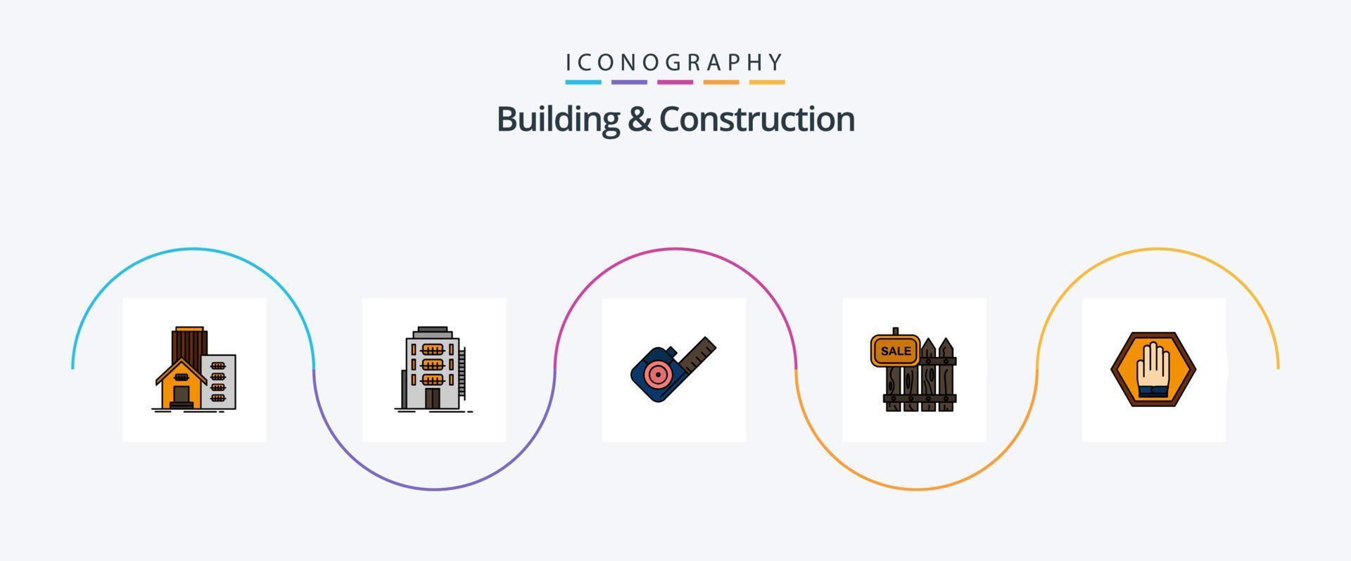 edificio y construcción línea lleno plano 5 5 icono paquete incluso venta. madera. Albergue. cerca. cinta vector