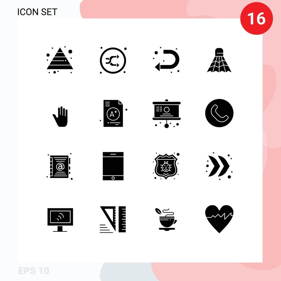 Group of 16 Solid Glyphs Signs and Symbols for gestures game arrow sport badminton Editable Vector Design Elements