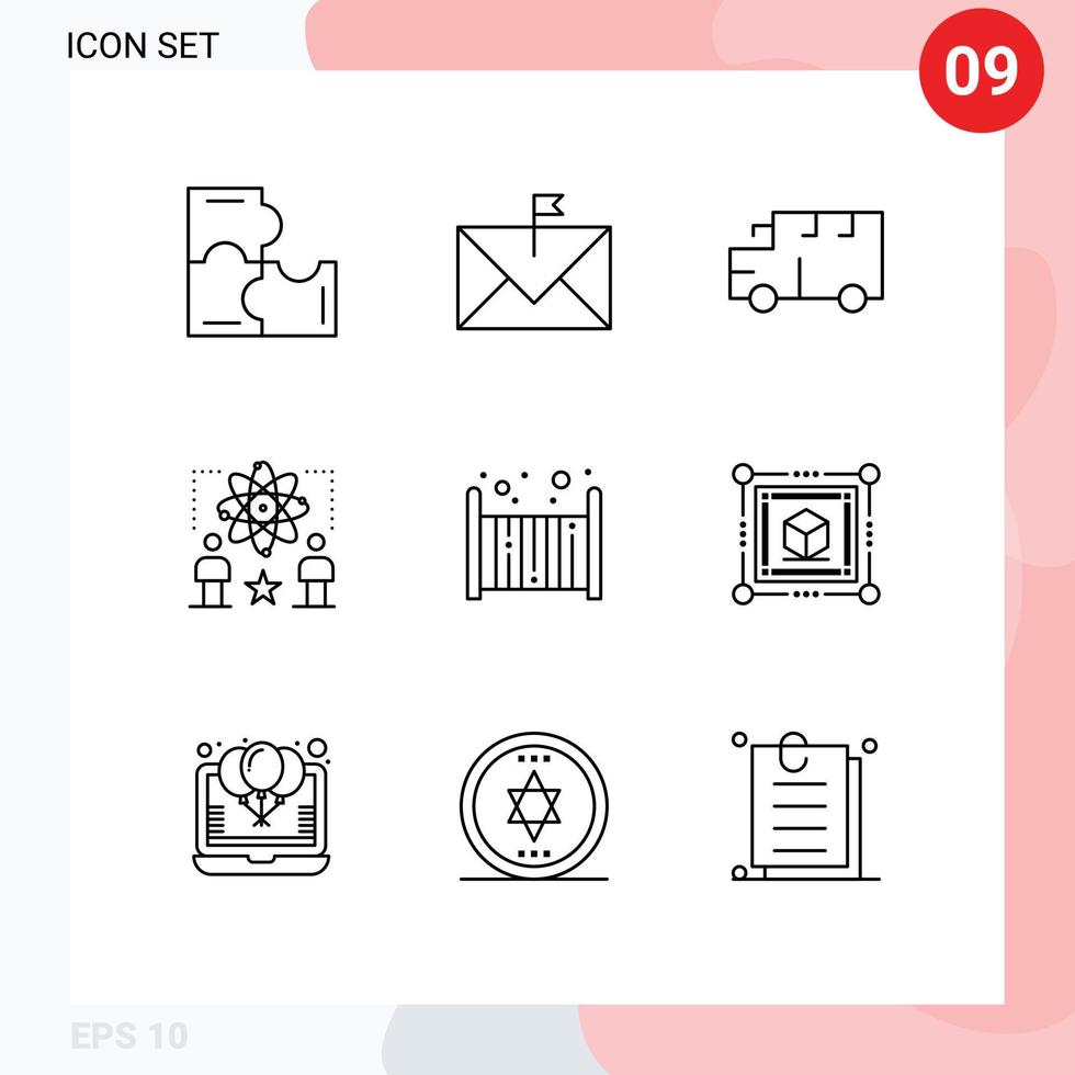 Modern Set of 9 Outlines Pictograph of atom star flagged physics vehicles Editable Vector Design Elements