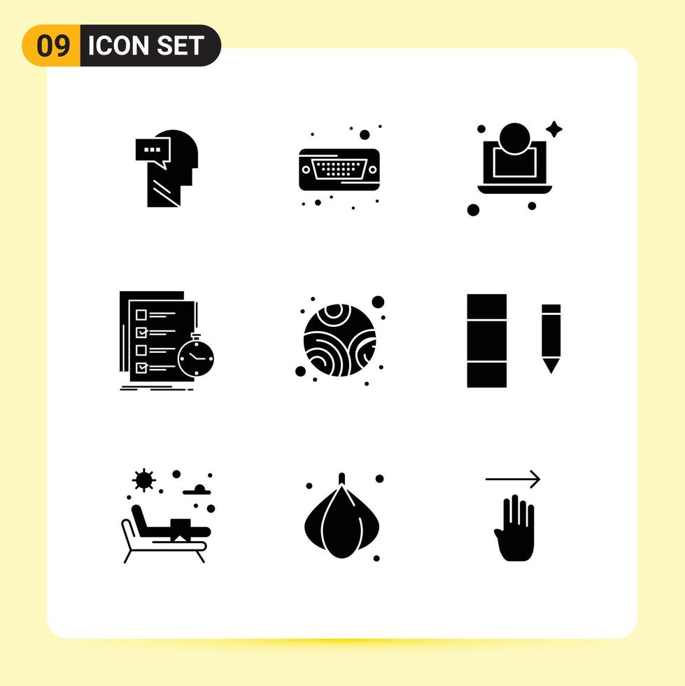 Modern Set of 9 Solid Glyphs Pictograph of planet time laptop check task Editable Vector Design Elements