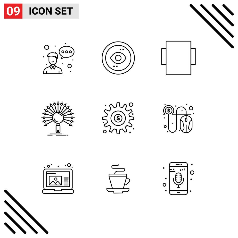 Stock Vector Icon Pack of 9 Line Signs and Symbols for gear retrieval view network information Editable Vector Design Elements