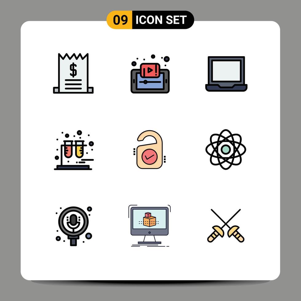 Editable Vector Line Pack of 9 Simple Filledline Flat Colors of tubes chemistry smartphone setting laptop Editable Vector Design Elements