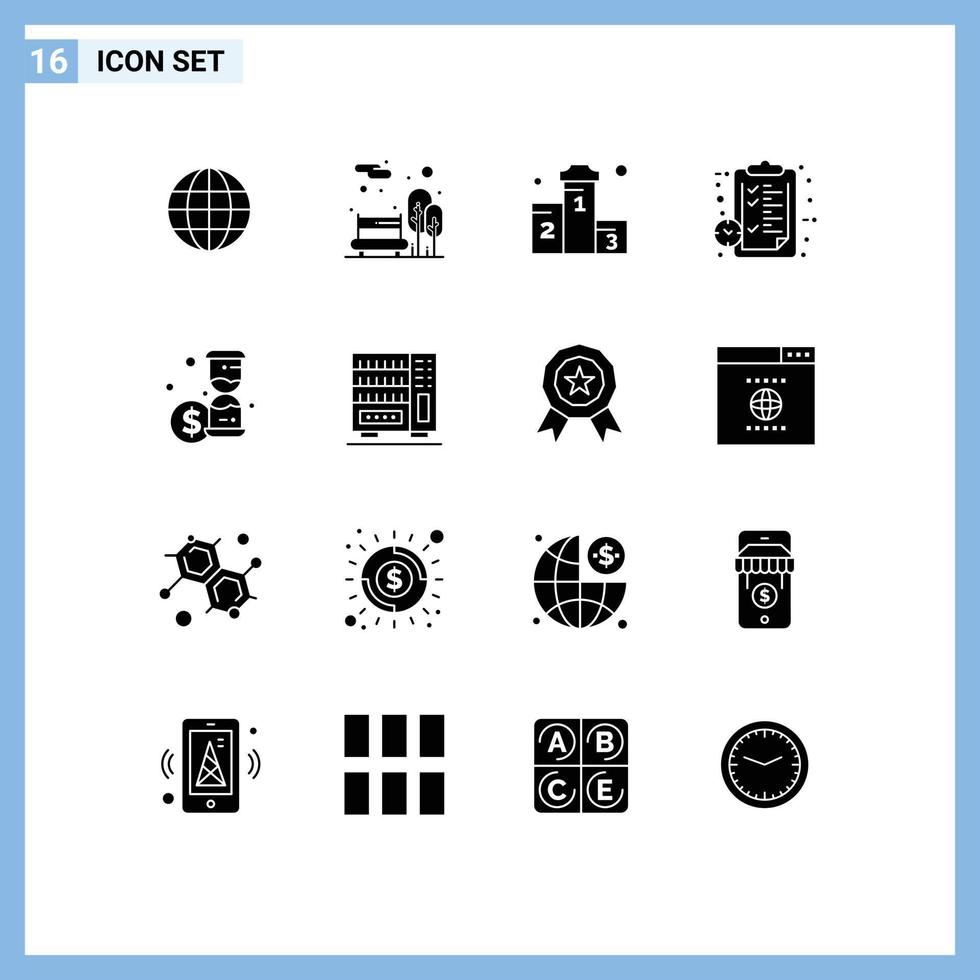 Pack of 16 creative Solid Glyphs of watch notepad award clock race Editable Vector Design Elements