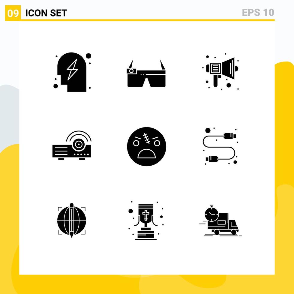 Universal Icon Symbols Group of 9 Modern Solid Glyphs of dead machine audio projector speaker Editable Vector Design Elements