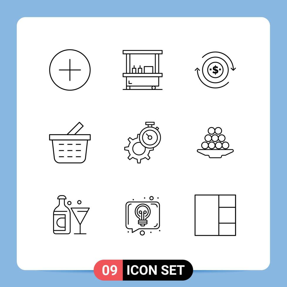 Group of 9 Outlines Signs and Symbols for gear timer cash shopping cart basket Editable Vector Design Elements