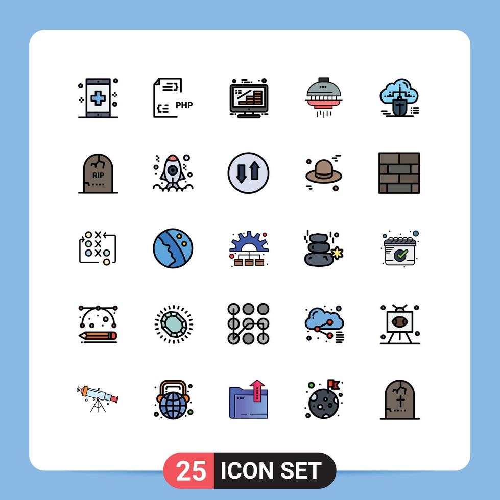 Group of 25 Modern Filled line Flat Colors Set for spacecraft space document management finance Editable Vector Design Elements