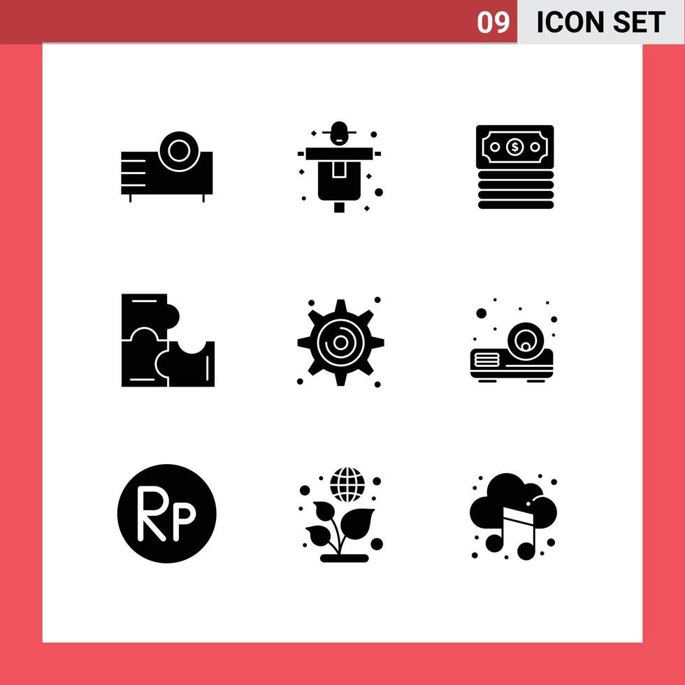 Group of 9 Modern Solid Glyphs Set for gear puzzle pieces scarecrow puzzle game education Editable Vector Design Elements