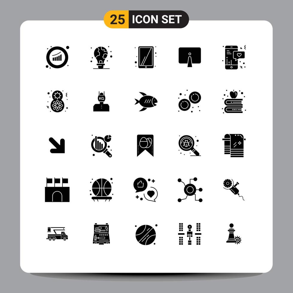 Group of 25 Solid Glyphs Signs and Symbols for monitor desktop light bulb computer touchscreen Editable Vector Design Elements