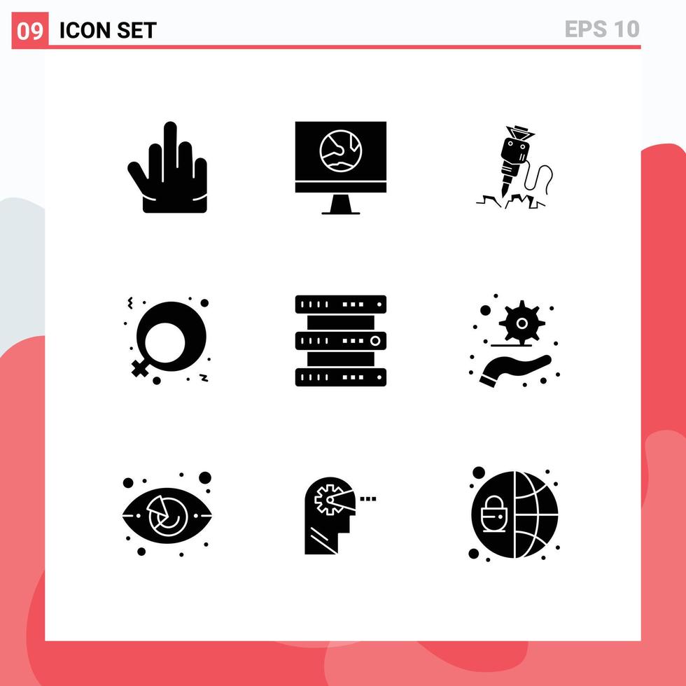 Group of 9 Modern Solid Glyphs Set for hosting women sign drill gender tool Editable Vector Design Elements