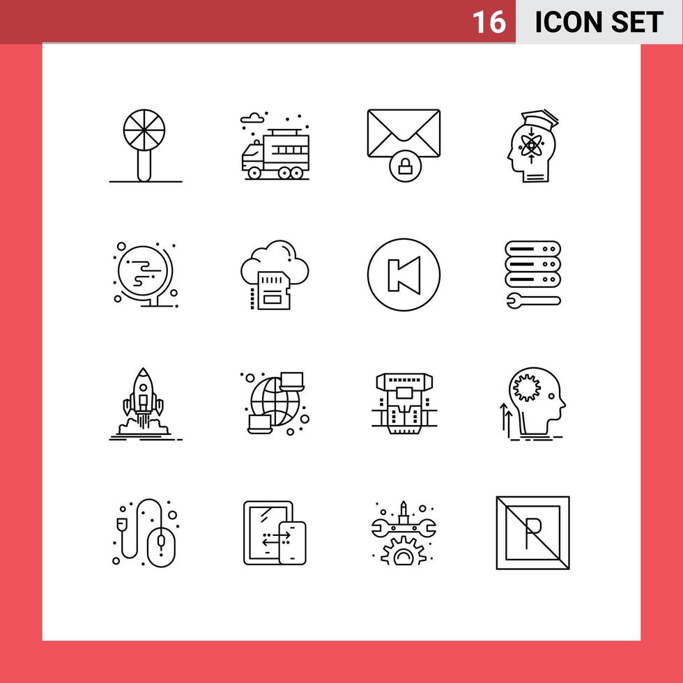 Mobile Interface Outline Set of 16 Pictograms of world skill mail knowledge head Editable Vector Design Elements