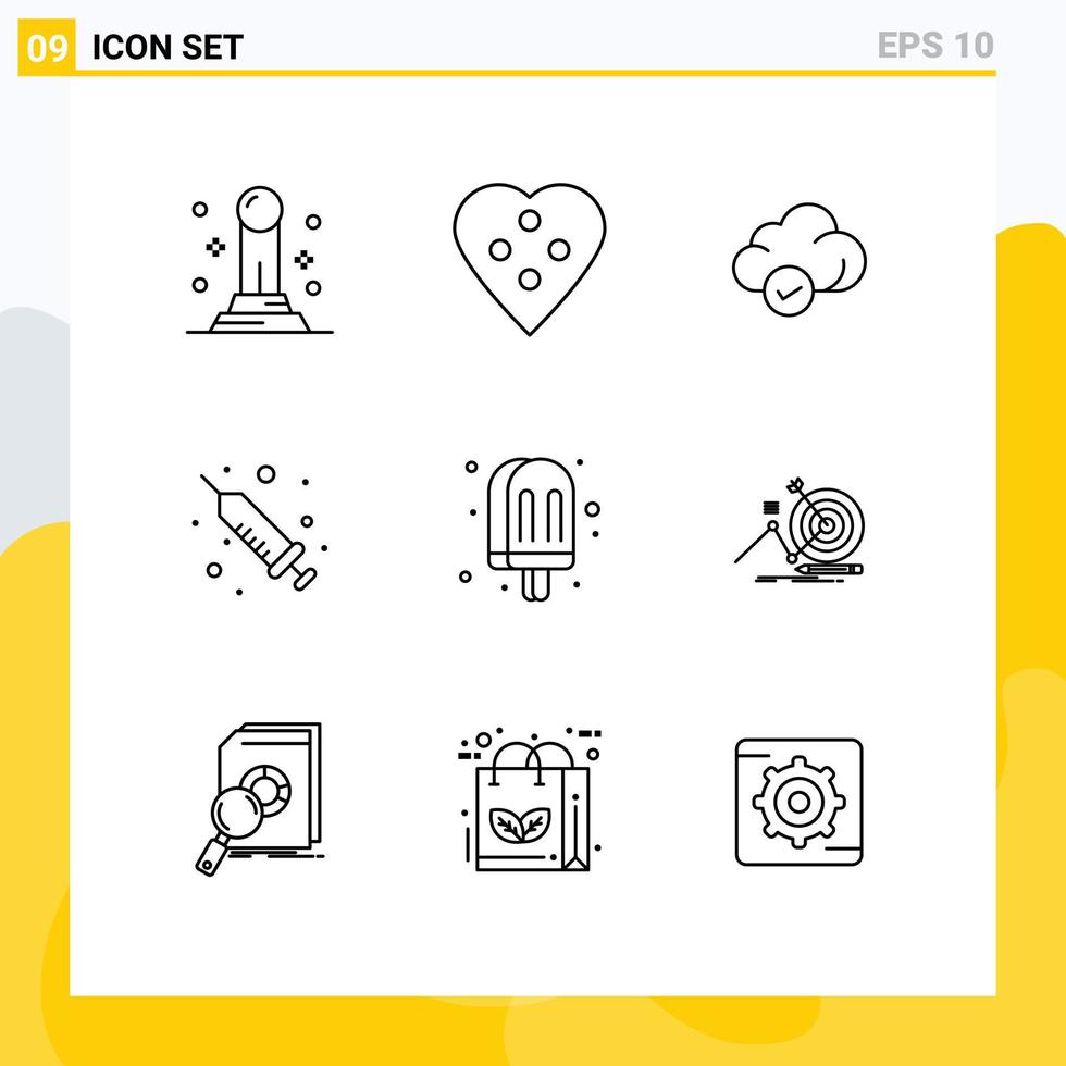 Mobile Interface Outline Set of 9 Pictograms of ice cream drink cloud medical injection Editable Vector Design Elements
