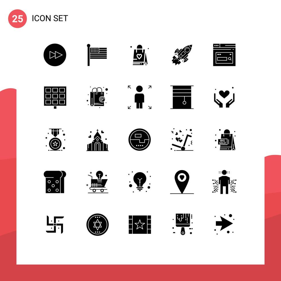 Modern Set of 25 Solid Glyphs and symbols such as page spaceship bag mission goal Editable Vector Design Elements