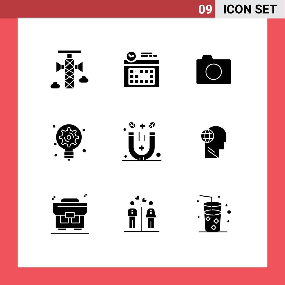 Pack of 9 Modern Solid Glyphs Signs and Symbols for Web Print Media such as physics light bulb camera innovation generation Editable Vector Design Elements