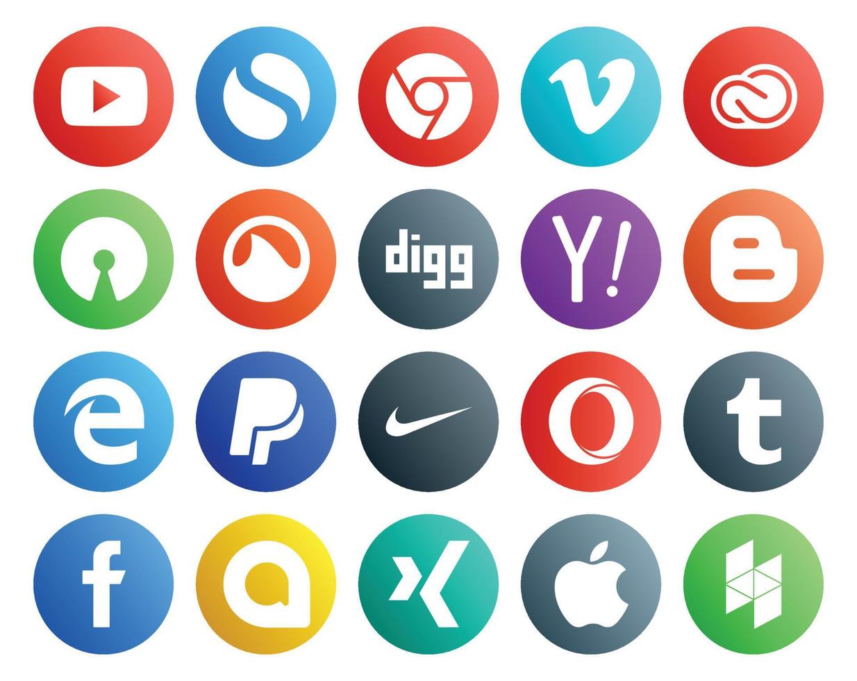 20 social medios de comunicación icono paquete incluso nike borde adobe blogger yahoo vector