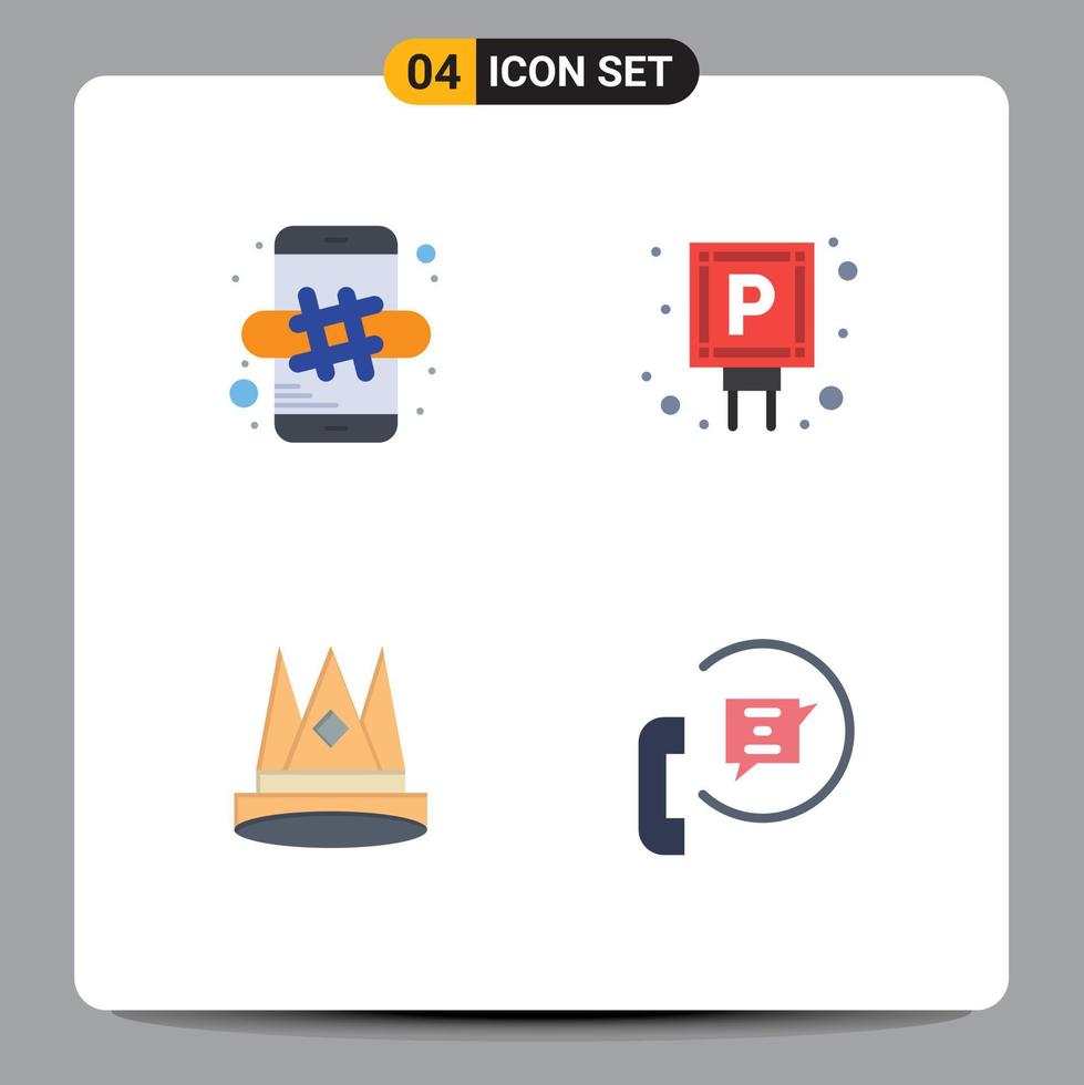 Modern Set of 4 Flat Icons and symbols such as hash tag king mobile parking first Editable Vector Design Elements