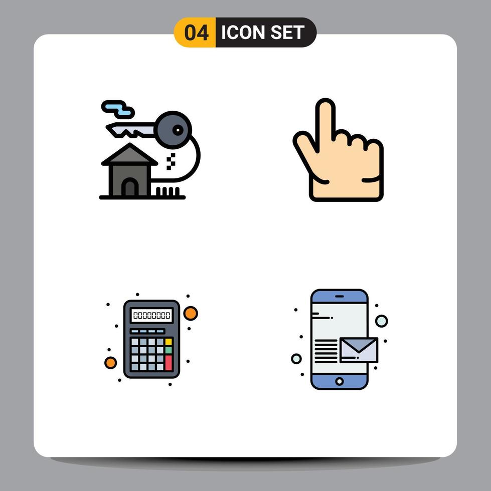 4 Universal Filledline Flat Color Signs Symbols of home interaction key hand email Editable Vector Design Elements