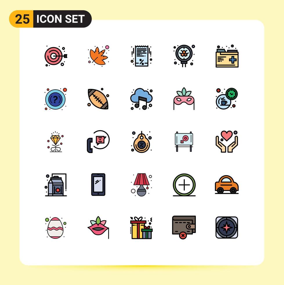 25 Universal Filled line Flat Colors Set for Web and Mobile Applications medical care black friday search molecule Editable Vector Design Elements