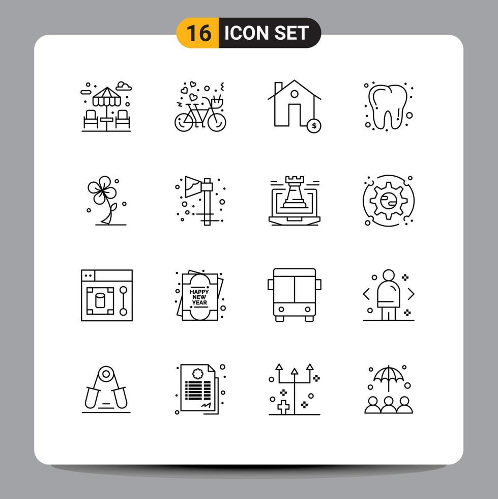 Set of 16 Commercial Outlines pack for floral tooth buildings dentist house Editable Vector Design Elements