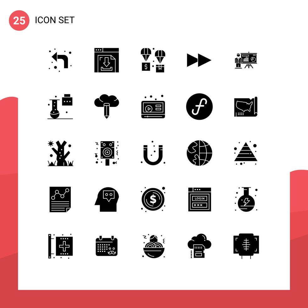 Pack of 25 creative Solid Glyphs of university presentation air next parachute Editable Vector Design Elements