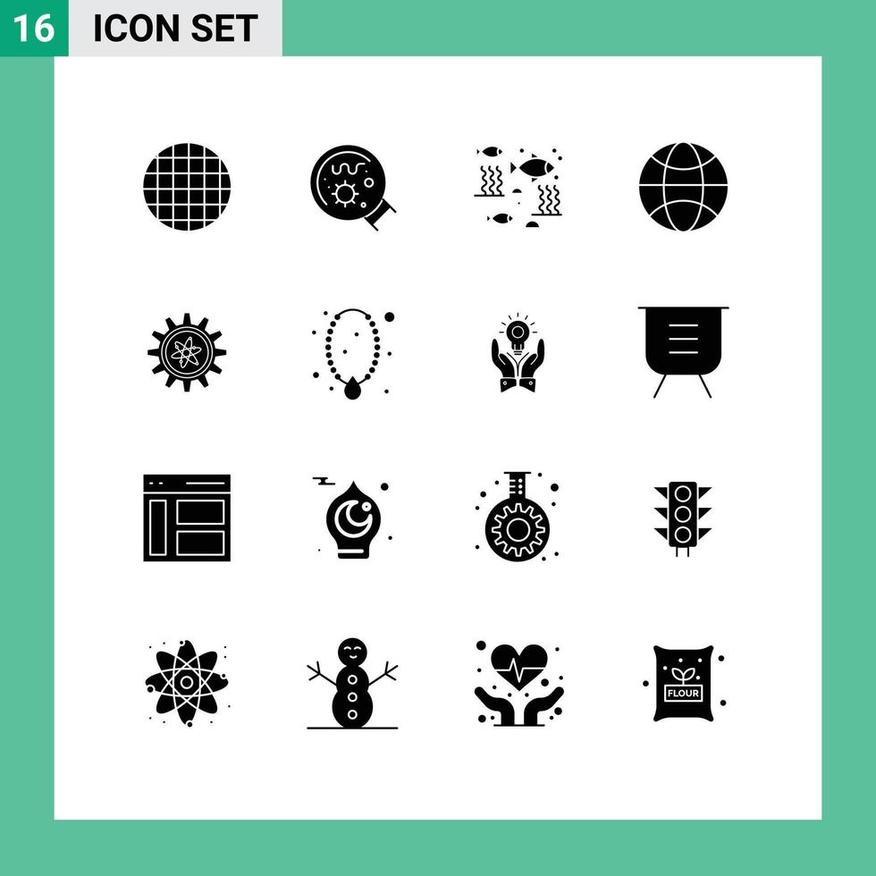 Editable Vector Line Pack of 16 Simple Solid Glyphs of setting experiment fishing science globe Editable Vector Design Elements