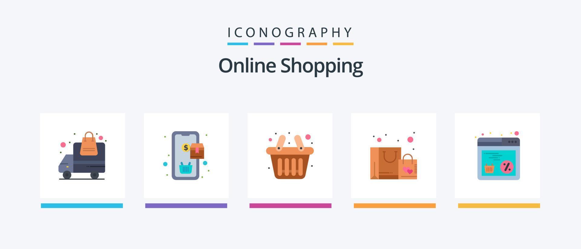 en línea compras plano 5 5 icono paquete incluso compras. descuento. cesta. compra. favorito. creativo íconos diseño vector