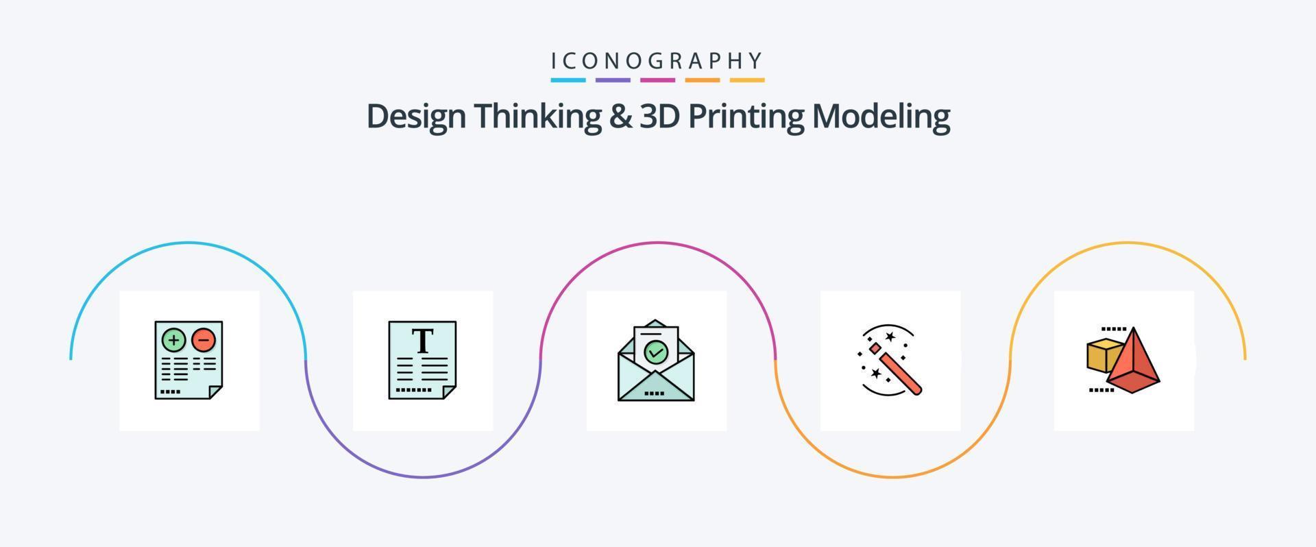 Design Thinking And D Printing Modeling Line Filled Flat 5 Icon Pack Including d modeld. magic. fount. solution. education vector