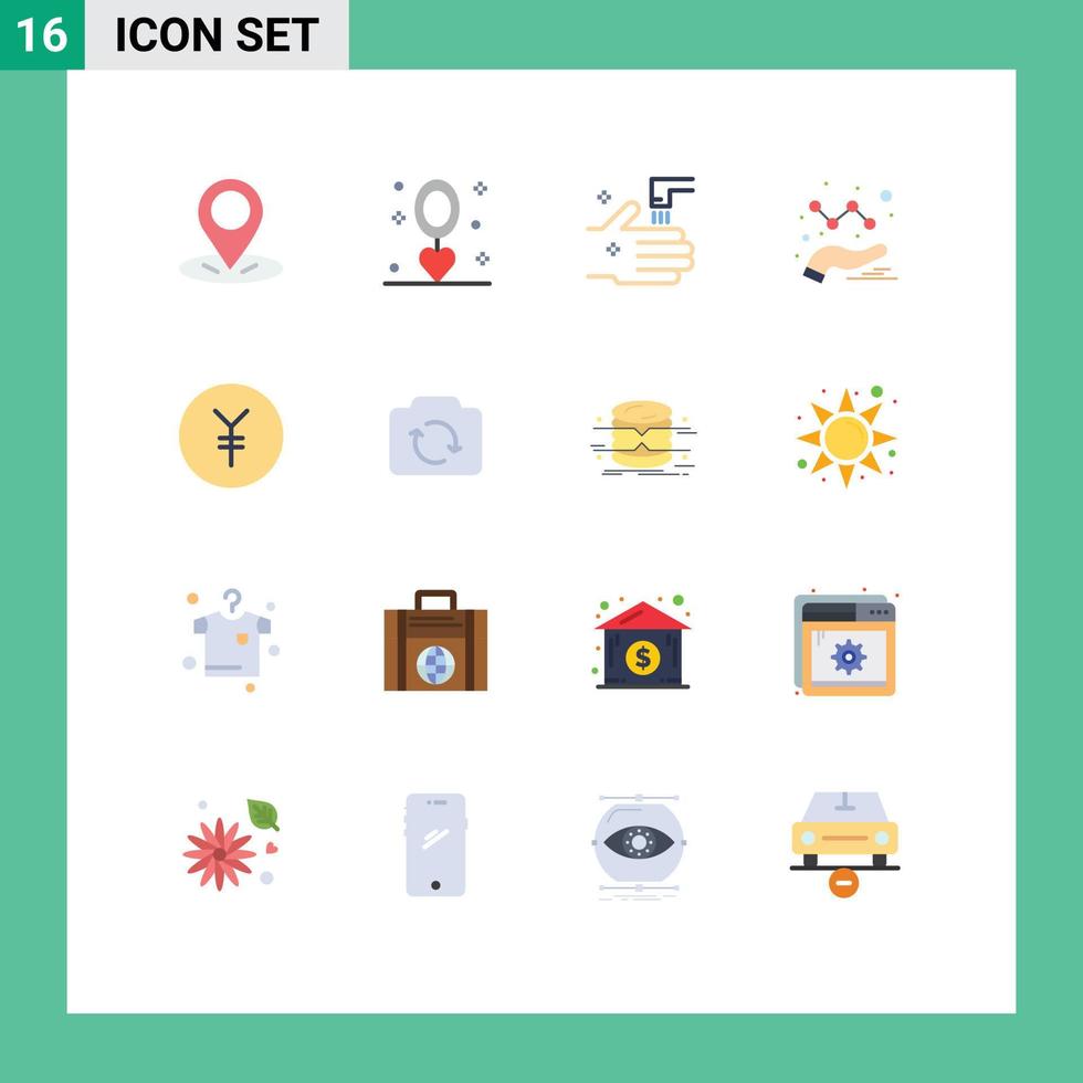 móvil interfaz plano color conjunto de dieciséis pictogramas de yen moneda baño grafico analítica editable paquete de creativo vector diseño elementos