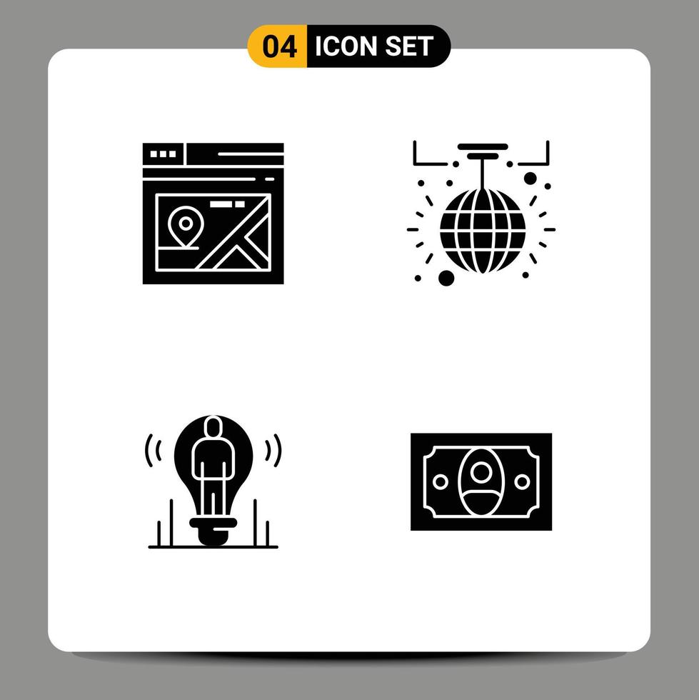 Universal Icon Symbols Group of 4 Modern Solid Glyphs of web idea map light ball person Editable Vector Design Elements