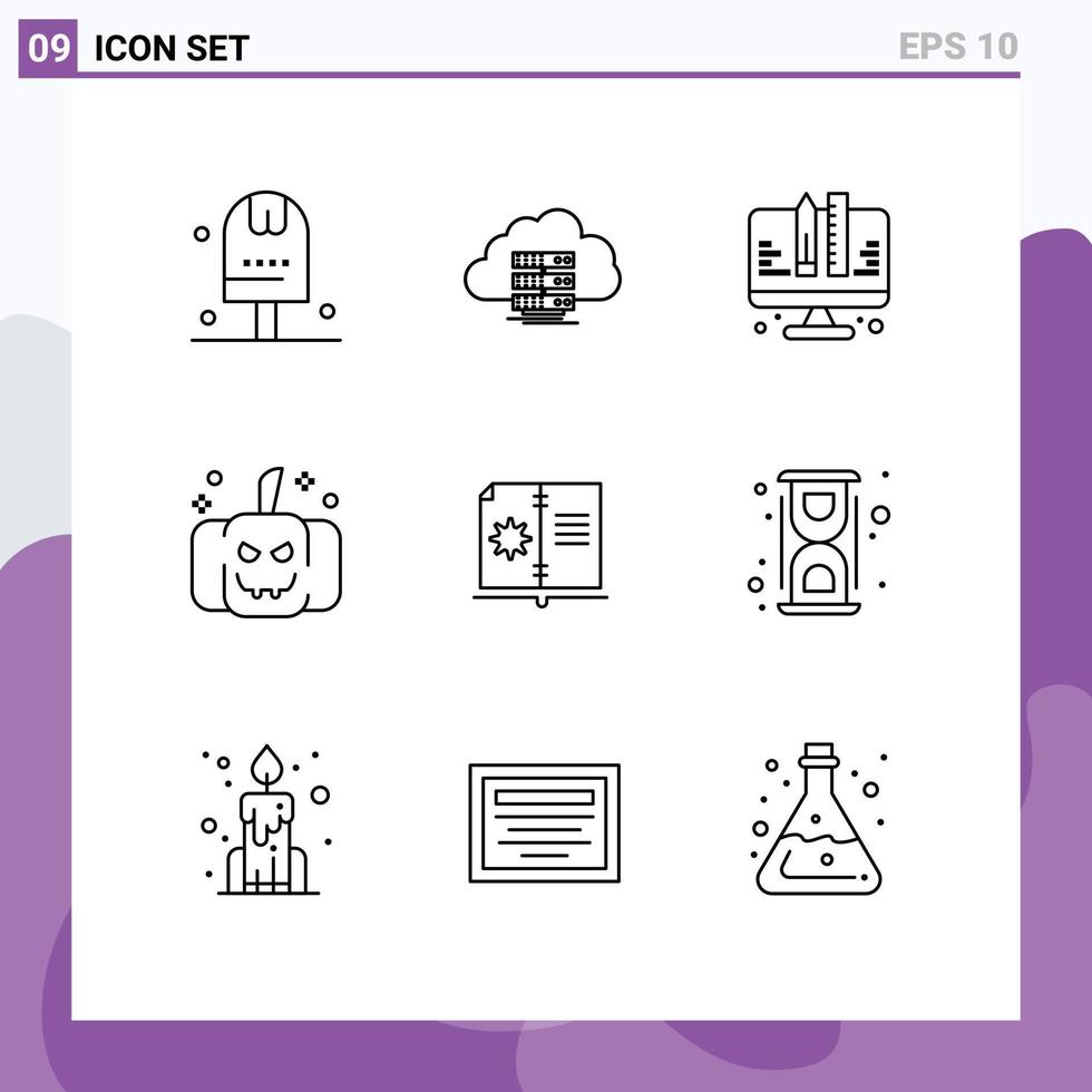 Group of 9 Outlines Signs and Symbols for book pumpkin data halloween planning Editable Vector Design Elements