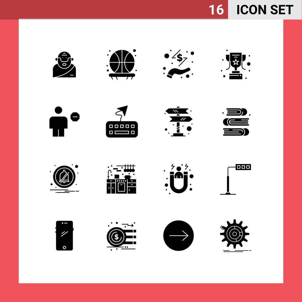 User Interface Pack of 16 Basic Solid Glyphs of human block cash avatar reward Editable Vector Design Elements