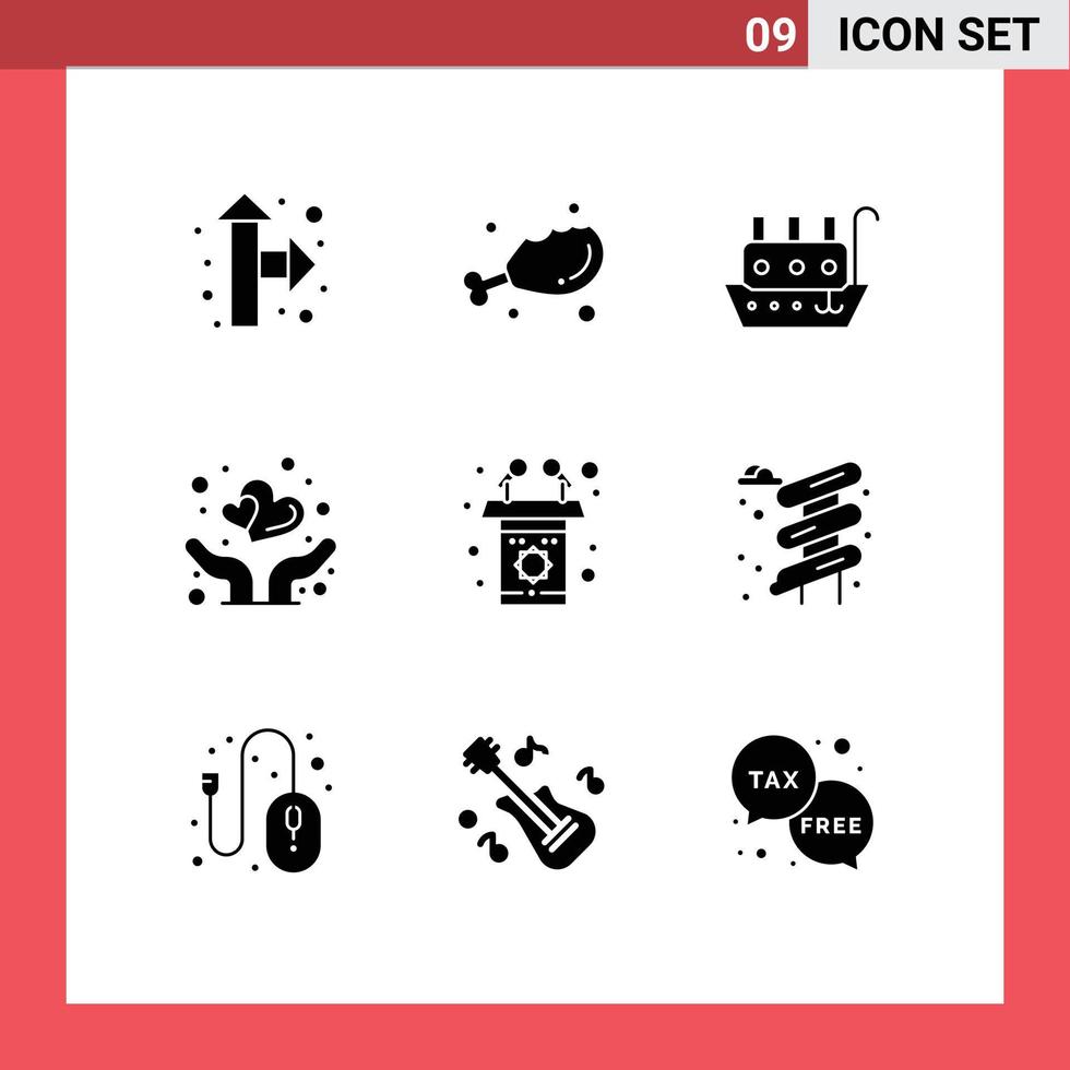 Modern Set of 9 Solid Glyphs Pictograph of rostrum podium marine protect love Editable Vector Design Elements